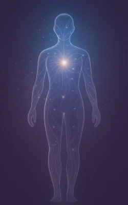 „Künstlerische Illustration einer menschlichen Silhouette mit leuchtendem Energiefeld, Symbol für Energiearbeit.“